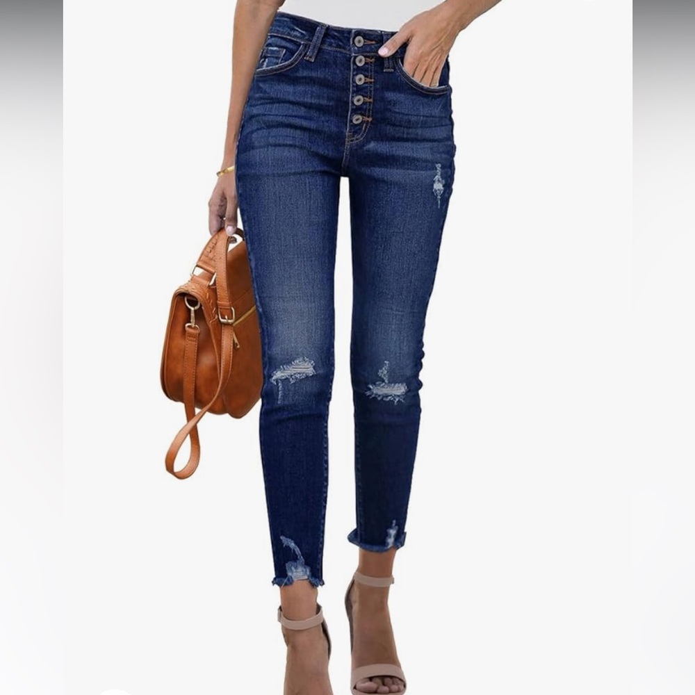 High Rise Skinny Ripped Distressed Dark Wash Button Down Slim Fit Denim Jeans